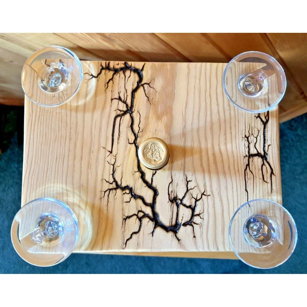 Lichtenberg Electrified Wood Wine 4 Glass Caddy Holder Rack Caddie Hand Crafted